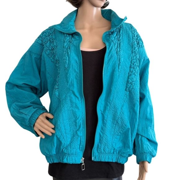 Vintage 1980s Teal Smocked Jacket Retro Sporty Chic Size L to XL - Picture 1 of 13
